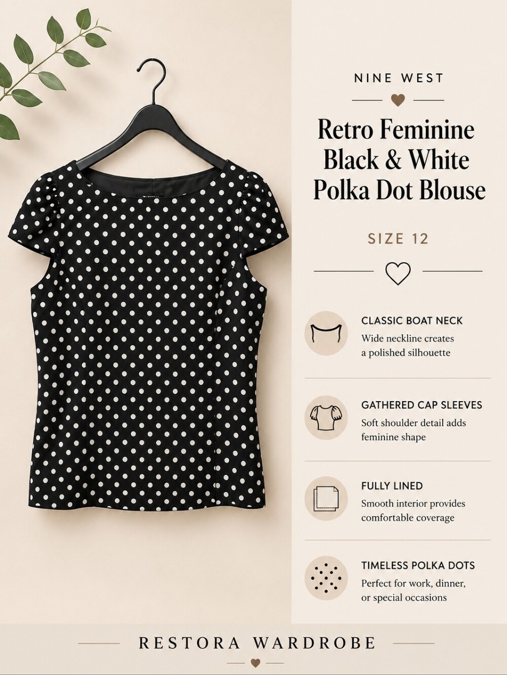Nine West Blouse Black White Polka Dot Boat Neck Size 12 Retro